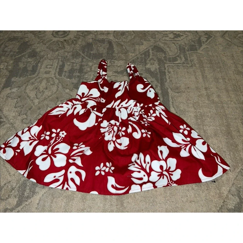 Ky's Girls Hawaiian Dress Red Floral Made in Hawaii‎ Sz 2T 1 - 2 Yrs Old